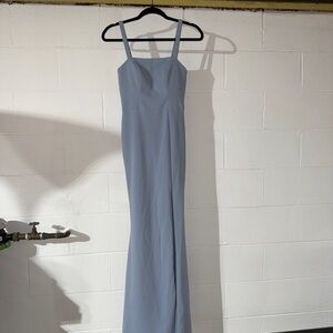 Azazie Gianetta Dusty Blue Long Bridesmaid Dress Size A0 Fitted Gown Slit